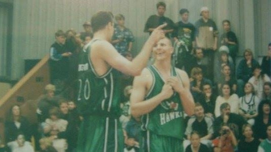 Ryan Miller and Mark Rich on court back in the 1999 grand final series. Picture: Hawks Media