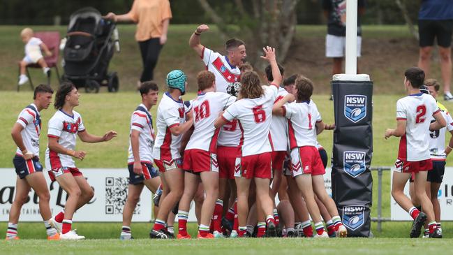 The Monaro Colts celebrating a try against the Central Coast Roosters in round one of the Andrew Johns Cup. Picture: Sue Graham