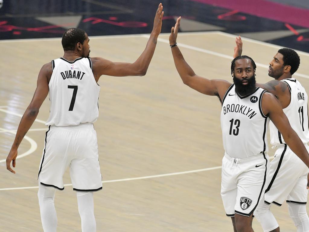 Kevin Durant and James Harden sat out the Nets game against the Sixers on Thursday. (Photo by Jason Miller/Getty Images)