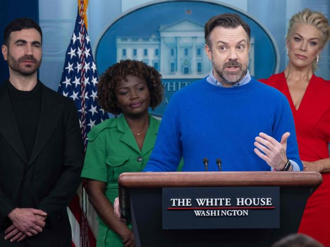 British actor Brett Goldstein, White House Press Secretary Karine Jean-Pierre, and English actress Hannah Waddingham look on as US actor Jason Sudeikis speaks at the White House in 2023 Picture: Saul Loeb/AFP)