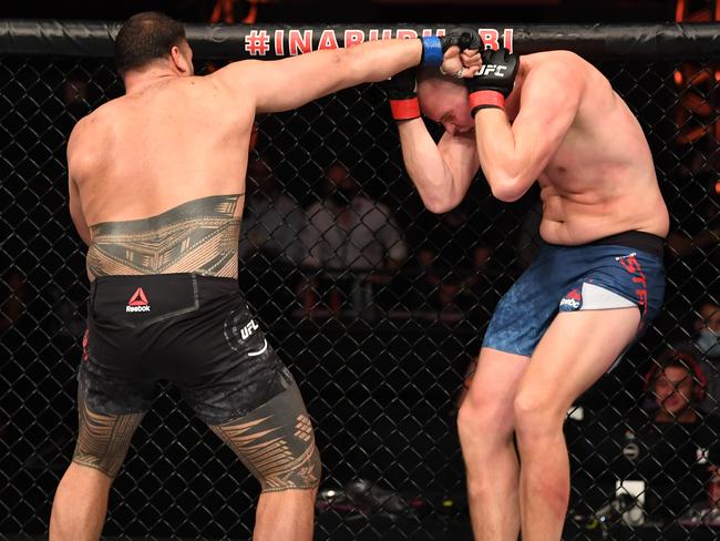 The second act: Tuivasa knocks out veteran Stefan Struve in the first round. Picture: Josh Hedges/Zuffa/Getty Images