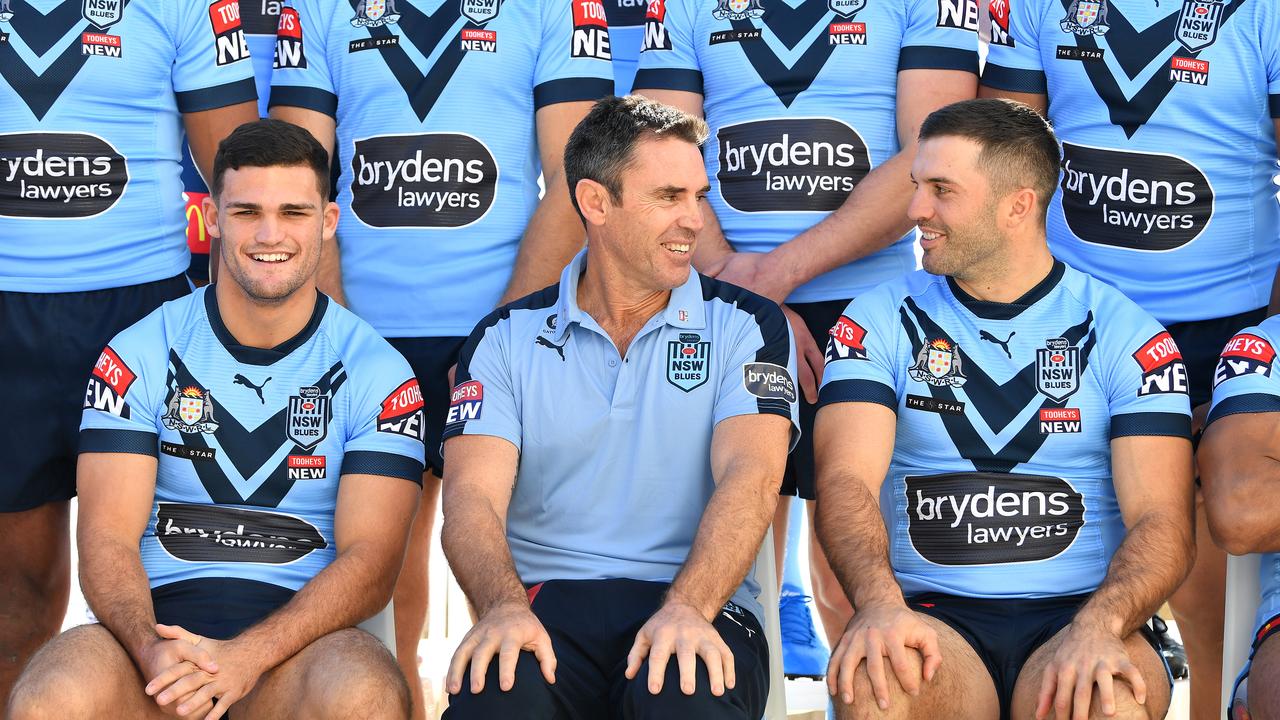 NSW Origin coach Brad Fittler has a laugh with skipper James Tedesco. NRL Imagery