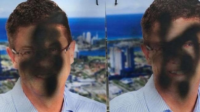 Poll vandalism: serial pest returns in the State election campaign on the Gold Coast, damaging signs by Southport LNP MP Rob Molhoek.