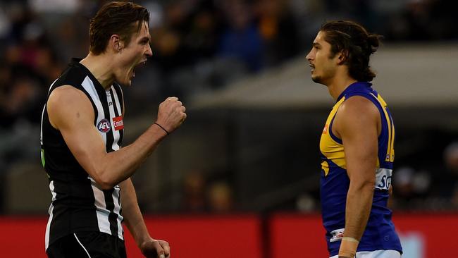 Darcy Moore celebrates a goal against West Coast.