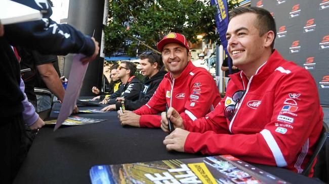 Teammates and frontrunners Fabian Coulthard and Scott McLaughlin meet fans at last weekend's Supercars Community Day at Springfield. Picture: Rob Williams