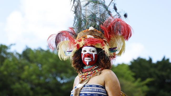 Seraphina Dufil dressed in her Western Highlands province ceremonial costume at the PNG family cultural day, held at Fogerty Park. Picture: Brendan Radke