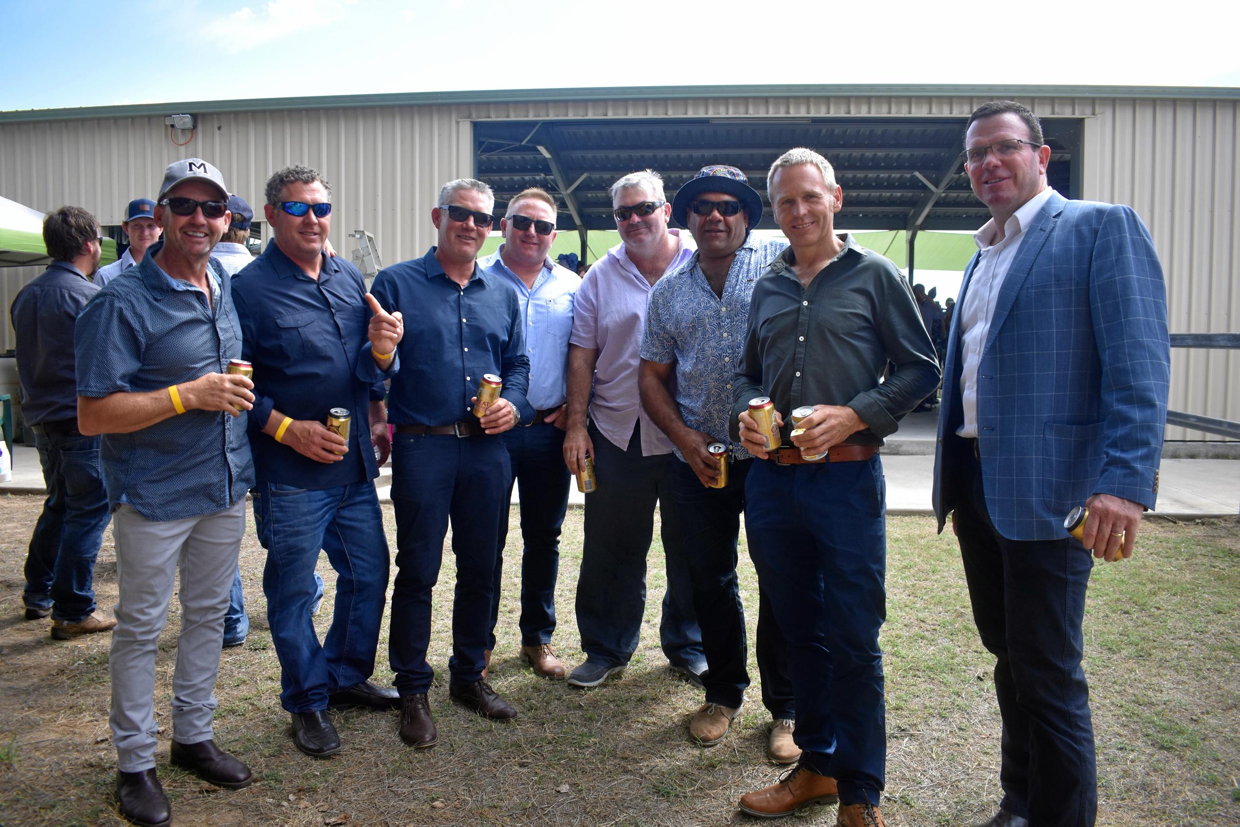 John Birkett, Craig Cassell, Clayton Anderson, Ken Blair, John Tate, Michael McKellar and Darby Hicks enjoying a race day reunion. Picture: Jorja McDonnell