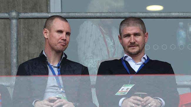 Carl Robinson, right, the new coach of the Newcastle Jets and his assistant coach Kenny Miller watch the game against Central Coast
