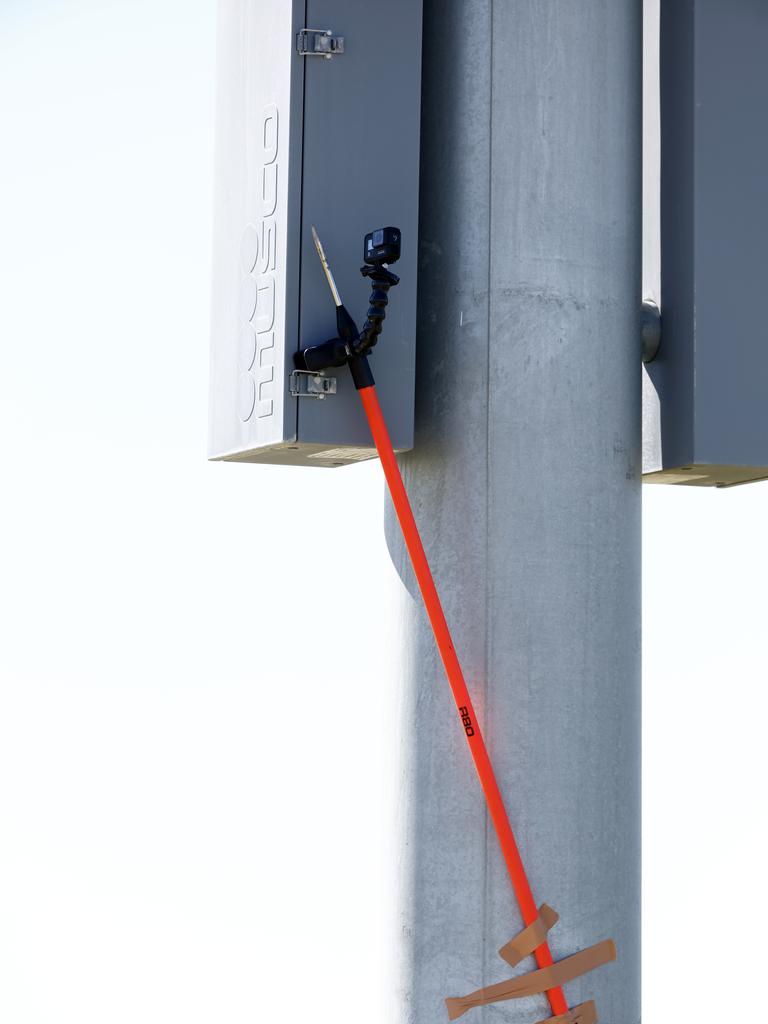 The Warriors had to tape a camera to a light pole to film training as drones aren‘t permitted at training at James Regional Sports Park in Las Vegas. Picture: Jonathan Ng