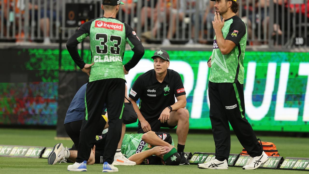 Hilton Cartwright of the Stars is attended to by medical staff after injuring his neck. (Photo by Paul Kane/Getty Images)