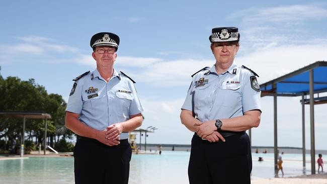 Assistant Commissioner Brett Schafferius with Assistant Commissioner Cheryl Scanlon, head of the Queensland Government's Youth Crime Taskforce, on the Cairns Esplanade. Picture: Brendan Radke