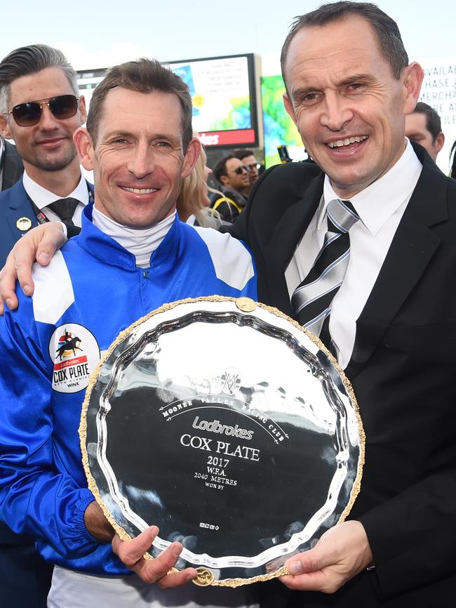 Hugh Bowman and Chris Waller with the 2017 Cox Plate.