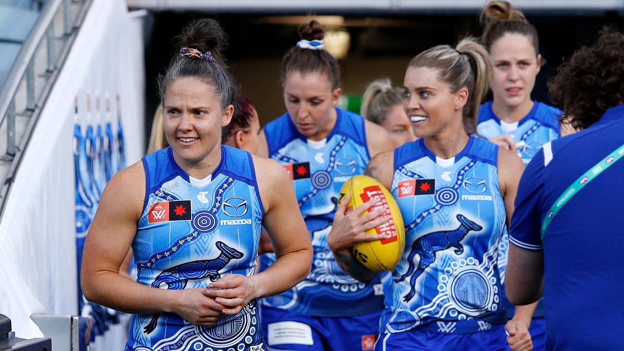 North Melbourne AFLW star Emma Kearney (left) will be a development coach for the Roos’ AFL side next season. Picture: Getty Images