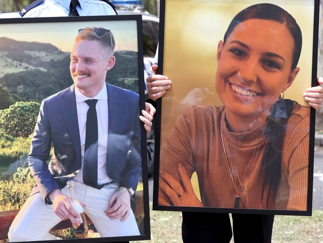 Photographs of Constables Matthew Arnold and Rachel McCrow displayed at the official police funeral. Picture: Steve Pohlner