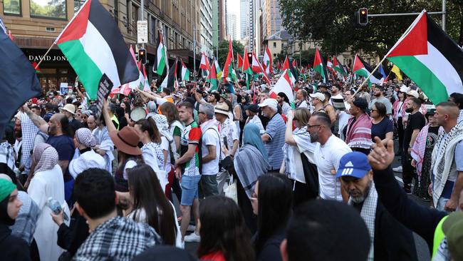 The group screamed protest chants accusing the Labor Party of having “blood on its hands”. Picture: NewsWire / Damian Shaw