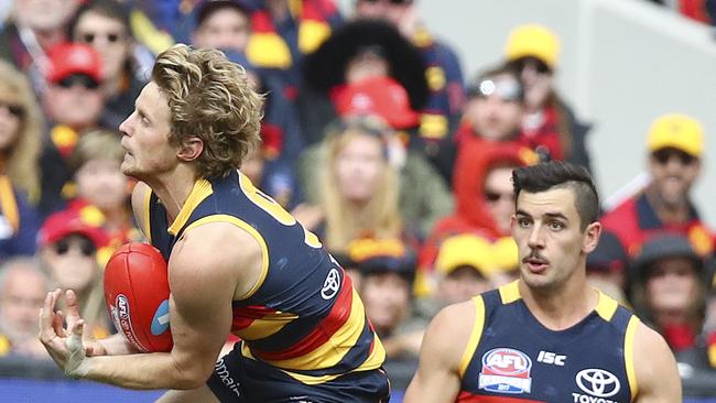 Rory Sloane marks in front of captain Taylor Walker during the grand final. Picture: Sarah Reed