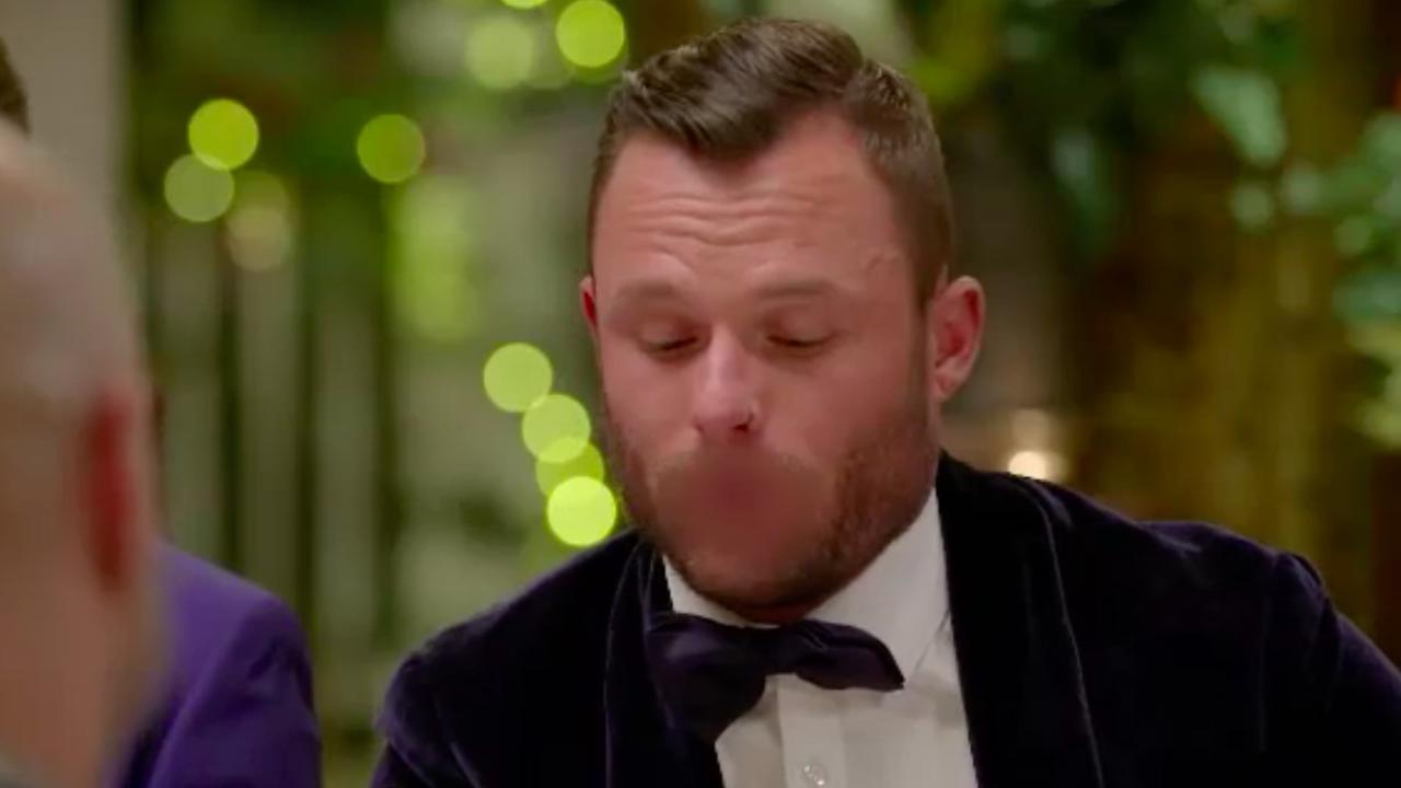 James was later seen swearing under his breath when Elly was probed about her past with Joe. Picture: Channel 10