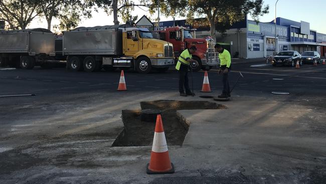 SA Water crews working to resurface the road at the Payneham intersection. Picture: Katrina Stokes.