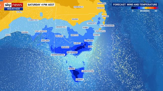 On Saturday, Victoria and Tasmania will be the coldest. Picture: Sky News Weather.