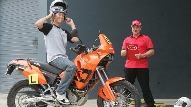 Gun motorcycle racer Anthony West actually going for his motorcycle licence for the first time at Toprider Nerang with Instructor Bernie Hatton. Pic: Glenn Hampson