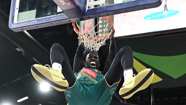 HOBART, AUSTRALIA - DECEMBER 29: Majok Deng of the Jackjumpers dunks the ball during the round 14 NBL match between the Tasmania Jackjumpers and Brisbane Bullets at MyState Bank Arena, on December 29, 2024, in Hobart, Australia. (Photo by Steve Bell/Getty Images)