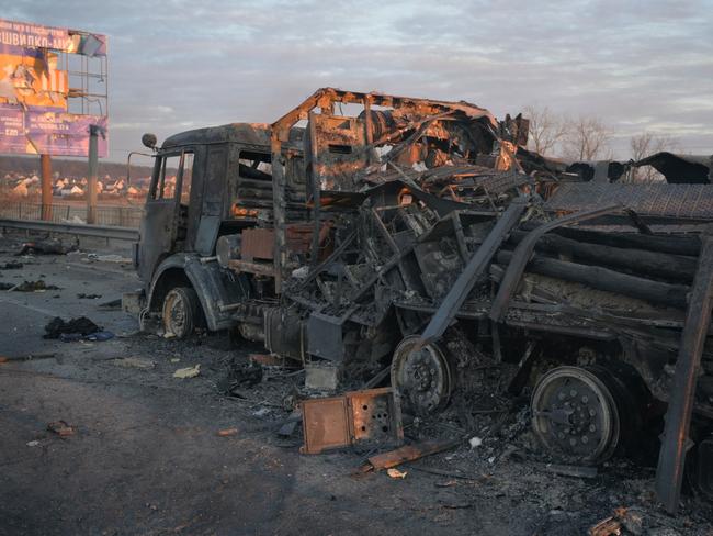 A charred military vehicle on a road near the town of Bucha in the Kyiv region, Ukraine. Picture: Reuters