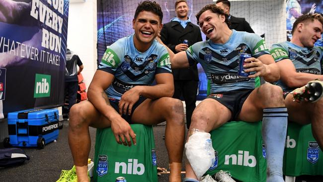 Latrell Mitchell shrugging off the attention of the Maroons. Picture: Grant Trouville/NRL Photos.