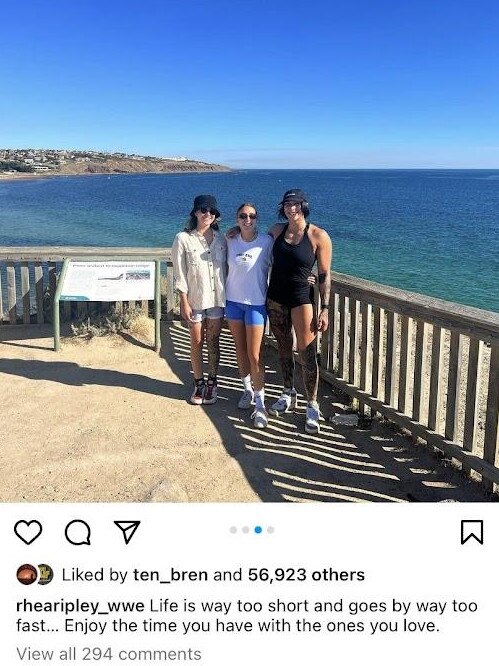 Rhea Ripley (Demi Bennett) posted a heartfelt message along with a photo with friends at Hallett Cove on Monday. Picture: Rhea Ripley/Instagram