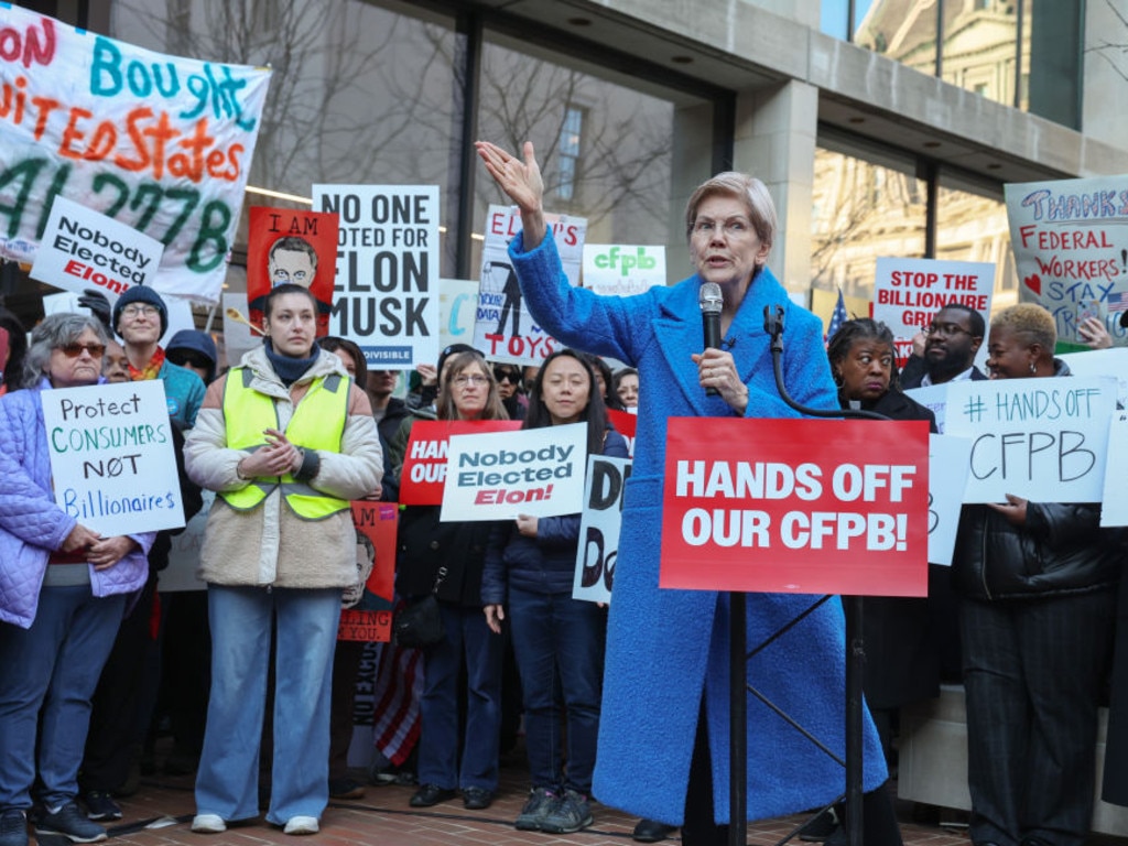 Warren speaks at a rally on February 10 to protest the closing of the Consumer Financial Protection Bureau. Picture: Jemal Countess/Getty Images for MoveOn