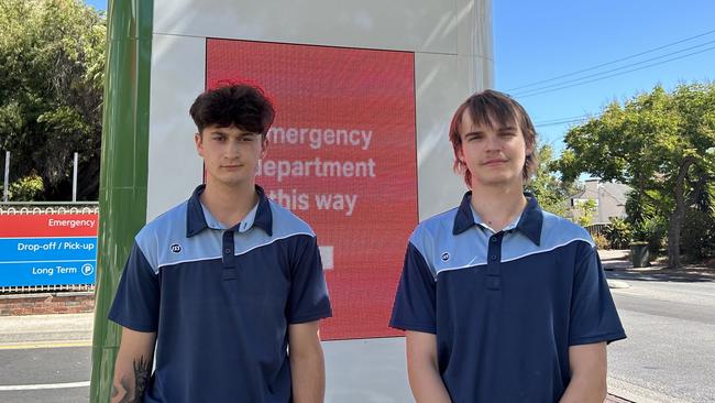 Tyler Johnston and Tyson Evans, who work as orderlies at the Queen Elizabeth Hospital, welcomed the idea of more staff parking at the Woodville South facility. Picture: Natalie Vikhrov