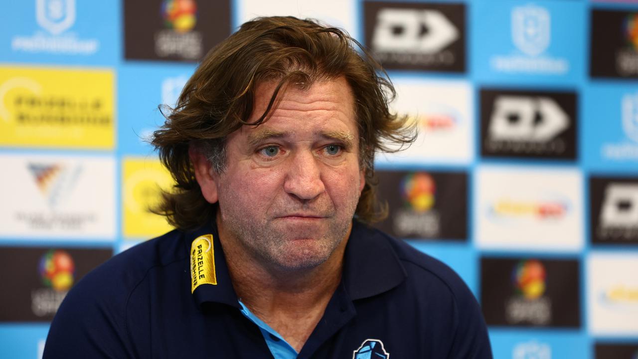 GOLD COAST, AUSTRALIA - MARCH 30: Des Hasler head coach of the Titans speaks to the media during the round four NRL match between Gold Coast Titans and Dolphins at Cbus Super Stadium, on March 30, 2024, in Gold Coast, Australia. (Photo by Chris Hyde/Getty Images)