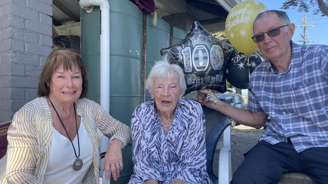 Lyn Wilson and Ken Nation celebrate their mother Eileen Nation's 100th birthday in St Leonards on Saturday. Photo: Mark Murray.