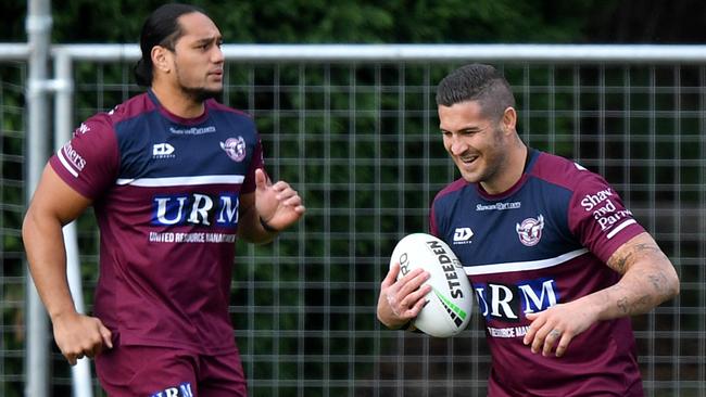 Martin Taupau (left) and Joel Thompson at Manly training. Picture: AAP Image/Joel Carrett