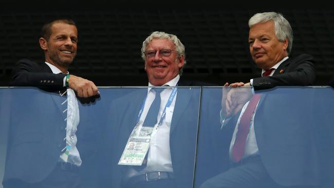 UEFA president Aleksander Ceferin (left), General Secretary of the Royal Belgian Football Association Geradrd Linard (centre) and Belgium's Foreign Minister Didier Reynders attend the 2018 FIFA World Cup third place playoff between Belgium and England at Saint Petersburg Stadium. Photo: Getty Images