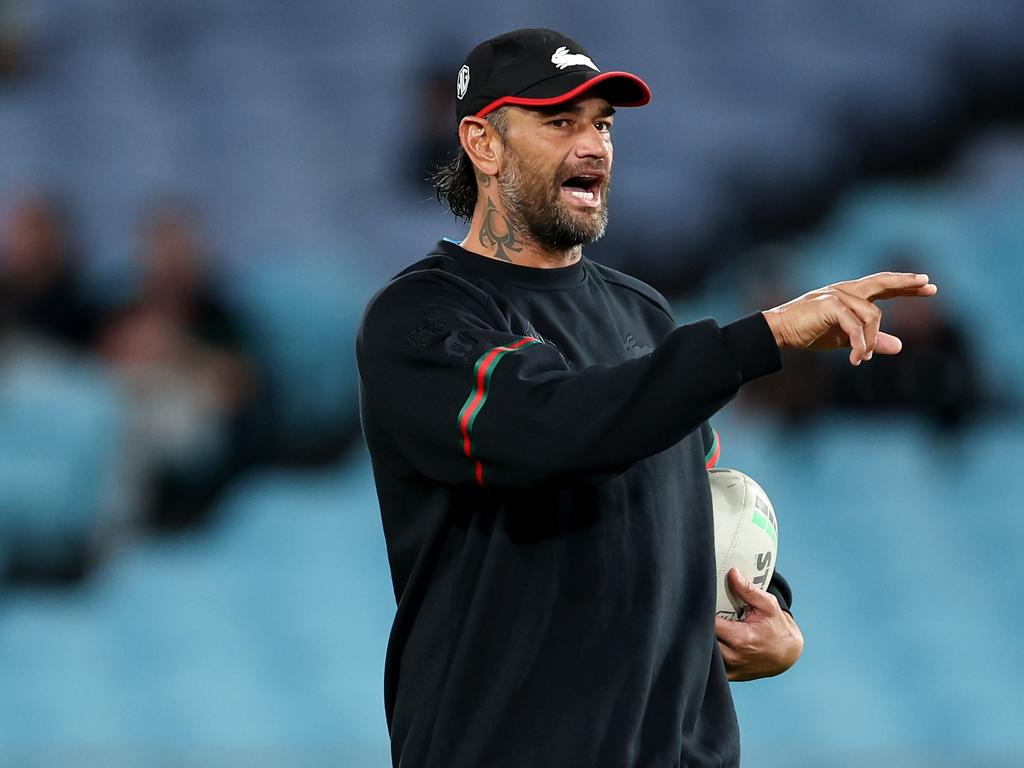 John Sutton of the Rabbitohs coaching staff looks on during the warm up. Photo: Brendon Thorne/Getty Images