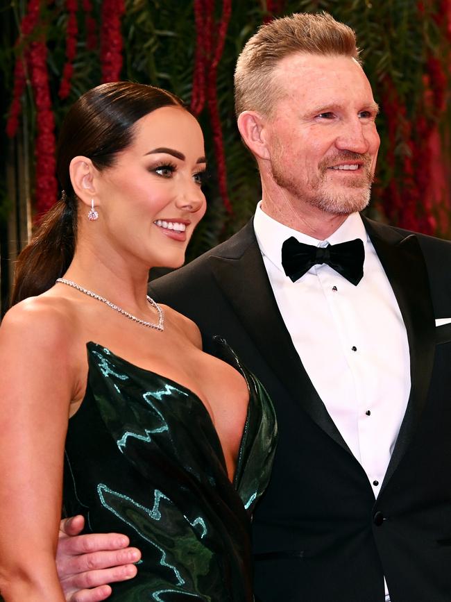 Brodie Ryan and Nathan Buckley pose on arrival ahead of the 2023 Brownlow Medal. Photo by Quinn Rooney/Getty Images.