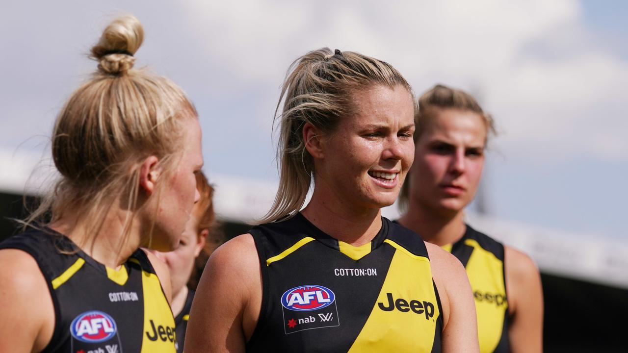 Katie Brennan of the Tigers looks dejected after defeat during the Round 3 AFLW match between the Richmond Tigers and the North Melbourne Kangaroos at Ikon Park in Melbourne, Sunday, February 23, 2020. (AAP Image/Michael Dodge) NO ARCHIVING, EDITORIAL USE ONLY