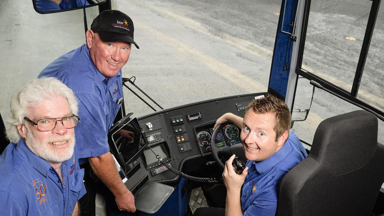 Three Bus Queensland Toowoomba-based bus drivers (from left) Allan Humphrey, Allan Downs and Sam Davison have been nominated in the Queensland Bus driver of the year awards, Monday, March 24, 2025. Picture: Kevin Farmer