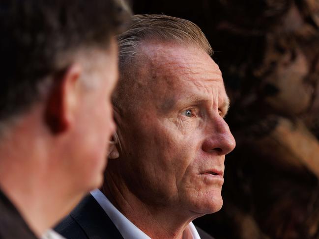 DAILY TELEGRAPH. Matt Mullen & Adam Bray, fathers of Hunter Valley bus crash victims Bec Mullen & Zach Bray, speak to reporters after meeting with Attorney General Michael Daley at 52 Martin Place, Sydney. Monday 27/05/2024. Picture by Max Mason-Hubers