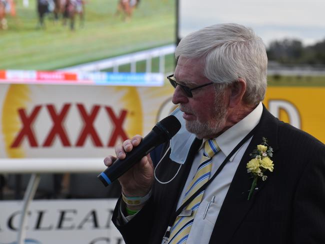 Clarence River Jockey Club chairman Graeme Green presents connections with the Grafton Cup after the Michael Costa trained Purrfect Deal was ridden by jockey Ben Thompson to victory at Grafton on Thursday, 8th July, 2021. Photo: Bill North / The Daily Examiner