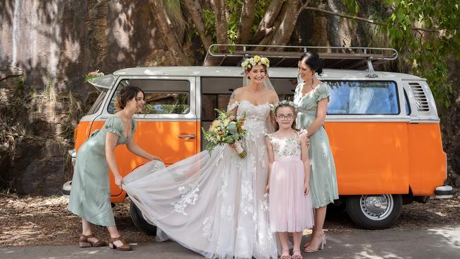 Gabrielle Stehn-Prewett on her wedding day at Kangaroo Point. Pictures: Romana Saehang