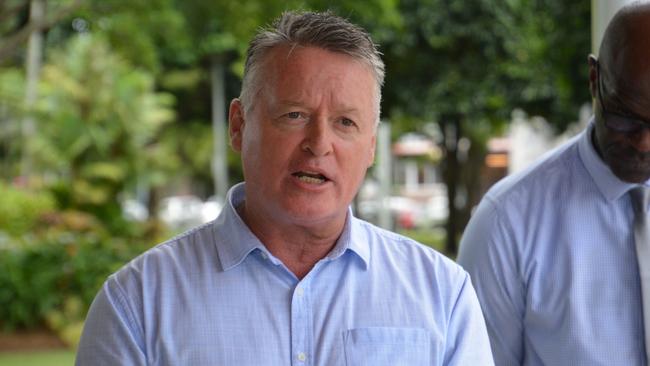 State MP for Cairns Michael Healy speaks at a press conference on the program of co-responded teams of police and youth justice workers. Picture: Bronwyn Farr.