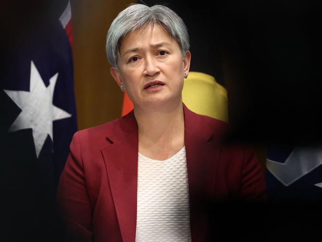 Australia's Foreign Minister Penny Wong speaks during a press conference after a bilateral talks with China's Foreign Minister Wang Yi at Parliament House in Canberra on March 20, 2024. Wang began a whirlwind visit to Australia on March 20, his rare trip marking a thaw in relations between the two trading partners. (Photo by DAVID GRAY / AFP)