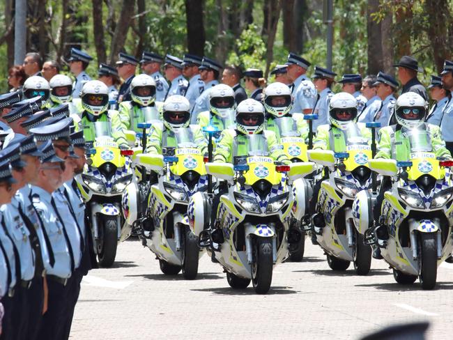 A motorcycle escort at the memorial service with full police honours for constables Rachel McCrow and Matthew Arnold at Brisbane Entertainment Centre. Picture: David Clark