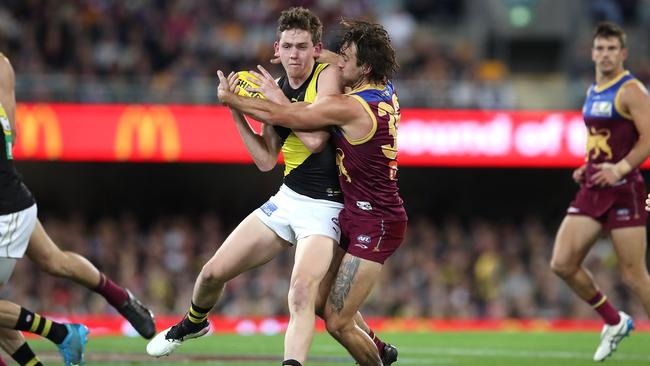 Young Tiger Riley Collier-Dawkins impressed again on Friday night. Picture: Jono Searle/AFL Photos