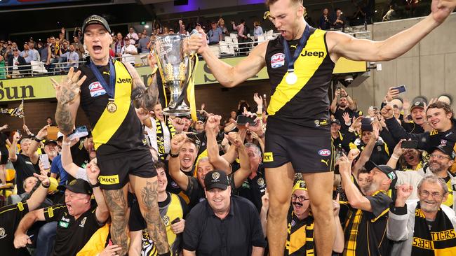 Dustin Martin and Noah Balta with the fans. Picture: Michael Klein