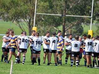 CLOSE GAME: Warwick Water Rats (white and black) and Dalby players after a tough B-grade game at Risdon Oval. Picture: Gerard Walsh