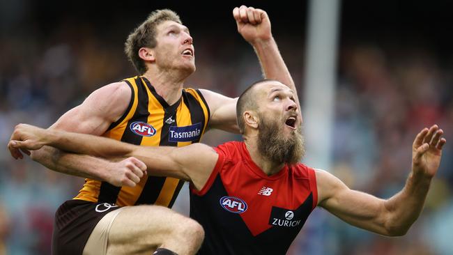 Ben McEvoy duels with Melbourne's Max Gawn in Round 4. Picture: Michael Klein