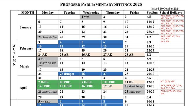 The 2025 parliamentary sitting calendar revealed a budget date of March 25.