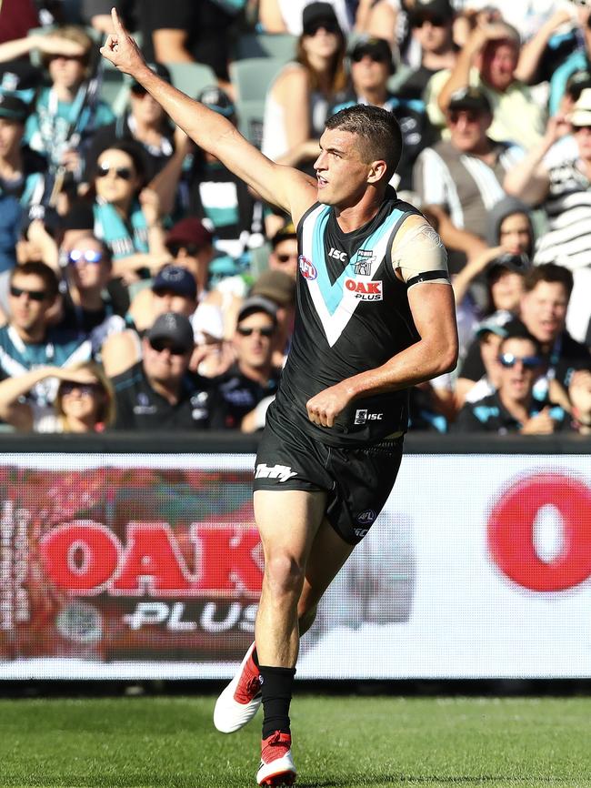 Tom Rockliff gets his first goal. Picture: Sarah Reed